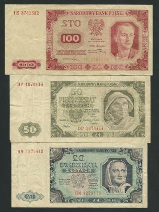 Poland 20,  50,  100 Zlotych 1948 Circulated