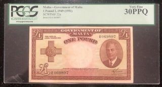 Government Of Malta Banknote,  1 Pound L.  1949 (1951),  Very Fine 30 Ppq