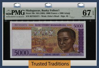 Tt Pk 78b 1995 Madagascar 5000 Francs = 1000 Ariary Pmg 67 Epq Gem Unc.