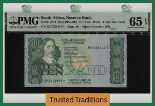 Tt Pk 120d 1985 - 90 South Africa Reserve Bank 10 Rand Bull & Ram Pmg 65 Epq Gem
