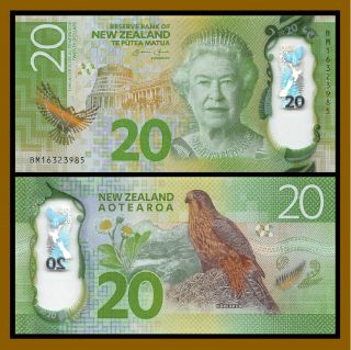 Zealand 20 Dollars,  2016 P - Karearea Bird Queen Elizabeth Ii Polymer Unc
