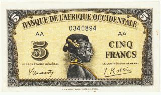 French West Africa 5 Francs Banknote 14.  12.  1942 Ch,  About Uncirculated P 28 - A - 94