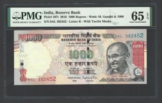 India 1000 Rupees 2016 P107t Uncirculated Letter R Graded 65