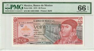 Mexico 1973 20 Pesos Pmg Certified Banknote Unc 66 Epq Gem Pick 64b
