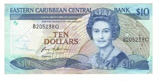Eastern Caribbean $10 Dollars Vf/xf Banknote (1985 Nd) P - 23g Grenada Prefix B
