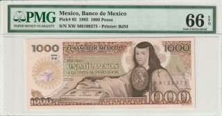 Mexico Pmg Certified Banknote Unc 66 Epq Gem 1985 1000 Pesos Pick 85