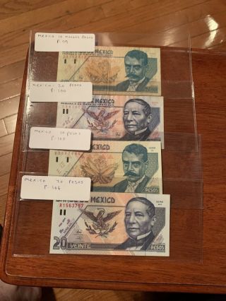 Mexico Banknote P.  106 105 100 Unc 99 Vf 20 20 10 10 Pesos 6.  5.  1994