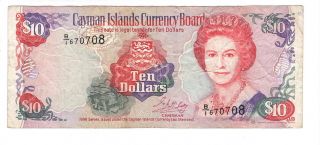 Cayman Islands $10 Dollars Vf Banknote (1996) P - 18a Prefix B/1 Paper Money