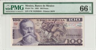 Pmg Certified Mexico 1982 100 Pesos Banknote Unc 66 Epq Gem Pick 74c