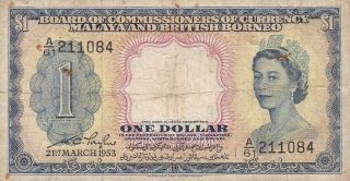 Board Of Malaya And British Borneo 1 Dollar 1953 P - 1 Af Qn.  Elizabeth Ii