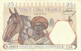 French West Africa 25 Francs Currency Banknote 1939