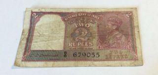 Reserve Bank Of India 2 Rupees King George Vi Colonial Note Paper Currency