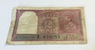 Reserve Bank of India 2 Rupees King George VI Colonial Note Paper Currency 2