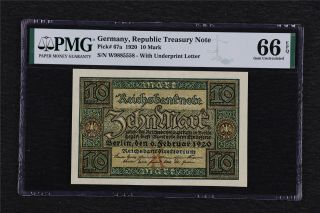 1920 Germany Republic Treasury Note 10 Mark Pick 67a Pmg 66 Epq Gem Unc