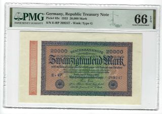 P - 85c 1923 20,  000 Mark,  Germany,  Republic Treasury Note,  Pmg 66epq Gem,