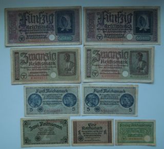 Germany 0,  50;1,  2,  5,  20,  50 Reichsmark Ww2 1940 - 45 (9 Banknoten),