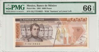 Mexico Pmg Certified Banknote Unc 66 Epq Gem 1985 5000 Pesos Pick 88a Santana Ll