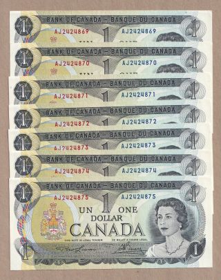 7 X Sequential 1973 $1 Bank Of Canada Notes Lawson Bouey Aj - Unc