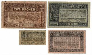 Poland Bietsko Bielitz Notgeld Local Issue 1919 - 1920 10 50 Heller 1 2 Kronen