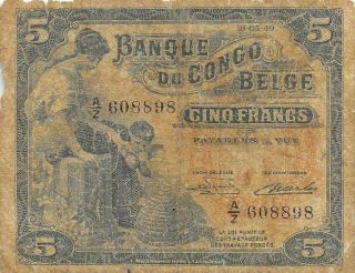 Belgian Congo 5 Francs 18.  5.  1949 P 13 Series A/z Circulated Banknote Cca