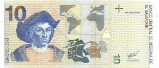 El Salvador 10 Colones 2.  3.  1998 P 148a Series W Uncirculated Banknote