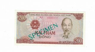 Vietnam - Specimen 200 Dong 1987 Prefix: " Aj " Pick 100sb Choice Unc.  (1864)