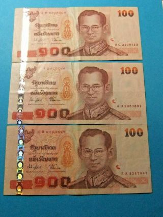 Three 1992 Thailand 100 Baht Bank Notes - Vf To Vf25