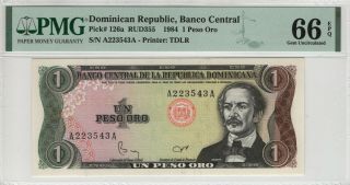 1984 Banco Central Dominican Republic 1 Peso Oro Pick 126a Pmg Gem Unc 66 Epq