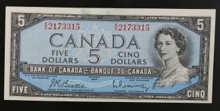 Bank Of Canada 1954 $5 Modified Bank Note Beattie Raminsky Au/unc Bc - 39b