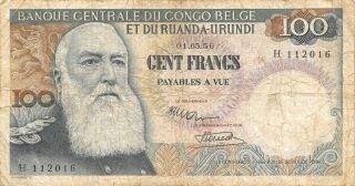 Belgian Congo 100 Francs 1.  5.  1956 P 33a Series H Circulated Banknote B25