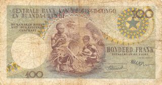 Belgian Congo 100 Francs 1.  5.  1956 P 33a Series H Circulated Banknote B25 2