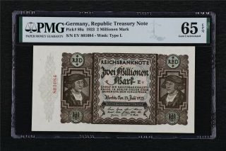 1923 Germany Republic Treasury Note 2 Millionen Mark Pick 89a Pmg 65epq Gem Unc