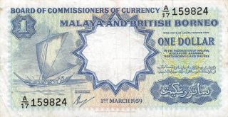 Malaya & B.  B.  $1 1.  3.  1959 P 8a Series A/17 Circulated Banknote E218s