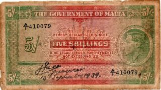 Malta 1939 Banknote 5 Shillings King George Vi As Pictured Uniface Note