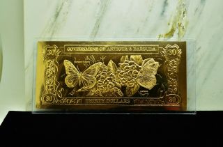 23k Gold Bank Note Antigua And Barbuda $30 Monarch Butterfly & Lantana Flower