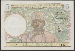 Gem Unc French West Africa 6 - 5 - 42 5 Francs P - 25 798