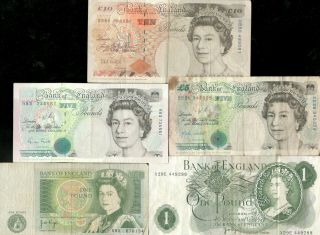 Great Britain,  Qe11,  £1 - £10 Pounds,  5 Notes,  F - Vf,