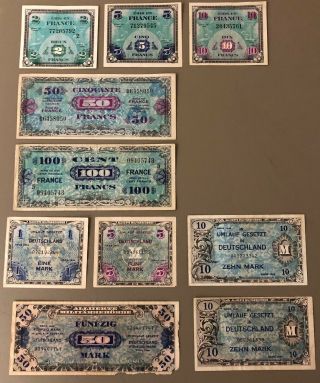France Germany Wwii Amc 1,  2,  5,  10,  50,  100 Franc Mark Notes 1944