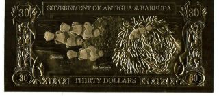 23k Gold Bank Note Antigua And Barbuda $30 Monarch Butterfly & Lantana Flower