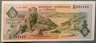 Congo 50 Francs Note Issued 01.  06.  1962,  P 5,  Lion