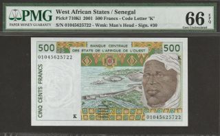 Pmg - 66 Epq Gem Unc West African States 500 Francs 2001 P - 710kl Senegal