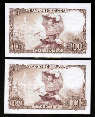 1965 Spain 100 PESETAS x 2 Consecutive Numbers Gem UNC 2