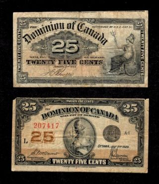 1900 & 1923 Dominion Of Canada Twenty Five Cents Notes Both Miscuts Have A L@@k