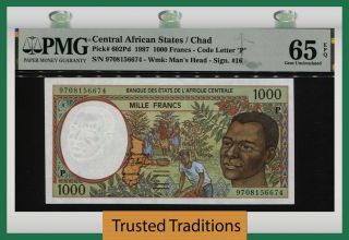Tt Pk 602pd 1997 Central African States / Chad 1000 Francs Pmg 65 Epq Gem Unc
