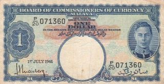 Malaya And Straits Settlement 1 Dollar 1941 P - 11 Af,  King George Vi