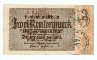 German Banknote 2 Rentenmark With Third Reich Stamped