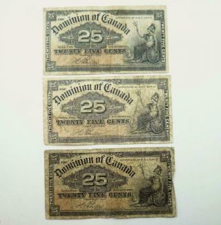 3 1900 Dominion Of Canada 25 Cents Fractional Notse Or Shinplasters Paper Money