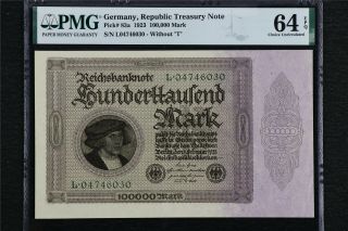 1923 Germany Republic Treasury Note 100000 Mark Pick 83a Pmg 64epq Choice Unc