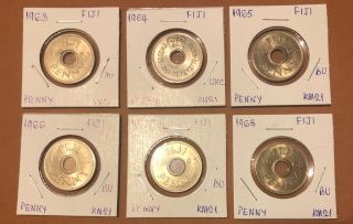 Fiji Vintage Set Of 6 One Penny Uncirculated Coins 1963 - 1968 Queen Elizabeth Ii.