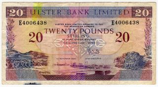 Northern Ireland 1990 Ulster Bank Limited 20 Pounds Banknote Crisp Vf.